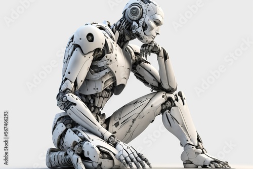 Thinking robot,white humanoid robot Thinking ,isolated white background, Generative ai 