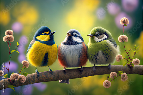 Foto Funny little birds sit on a branch in a spring
