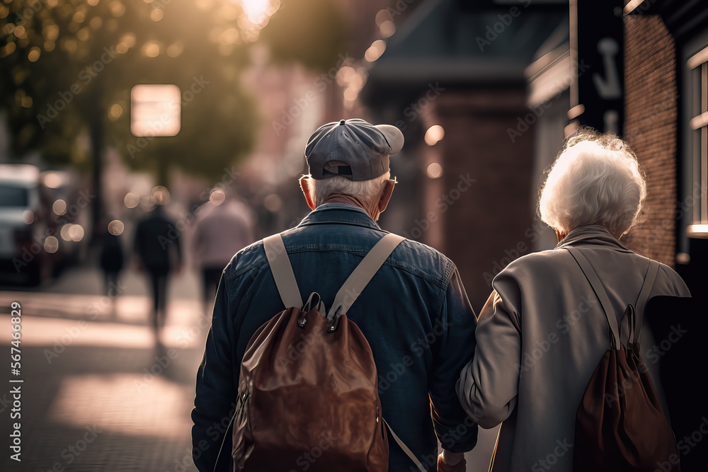 backside of an old couple walking in a city, ai generated backside of an old couple walking in a city, ai generated