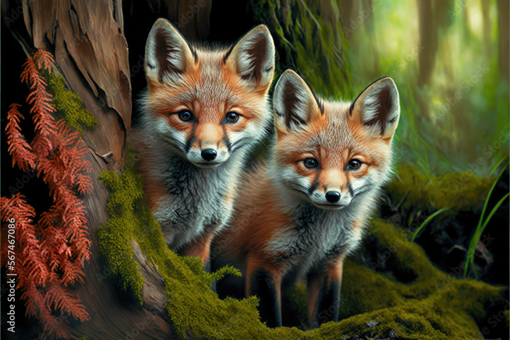 Wild baby red foxes cuddling in the forest Wild baby red foxes cuddling in the forest