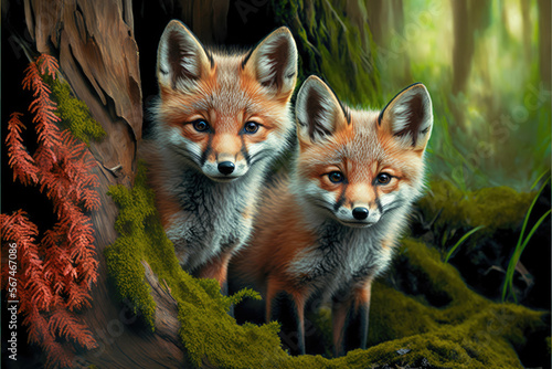 Wild baby red foxes cuddling in the forest