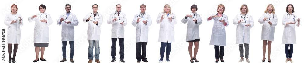group of doctors holding jar isolated on white