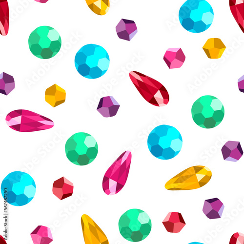 Multi Colored crystals and gems seamless pattern. Vector flat illustration of jewels.