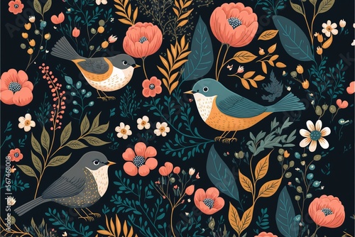 illustration of a seamless floral pattern with cute birds little flowers Generative AI