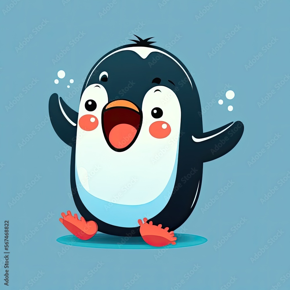 Fototapeta premium Funny cute baby penguin on a blue background. Illustration of a funny childish character. Generative AI