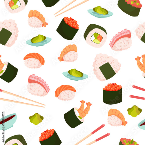 Seamless pattern Set for sushi. Different types of sushi and rolls. Traditional Japanese roll, with tobiko caviar, original with Philadelphia cheese and soy sauce, salmon and king prawns. Vector 