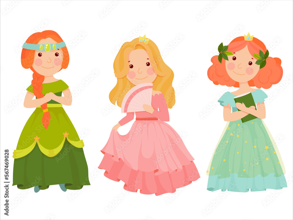 Cute princesses in gorgeous dresses. Fairytale characters. A girl in a magical costume. Middle Ages. Vector illustration isolated on white background. Cute princesses in gorgeous dresses. Fairytale characters. A girl in a magical costume. Middle Ages. Vector illustration isolated on white background.