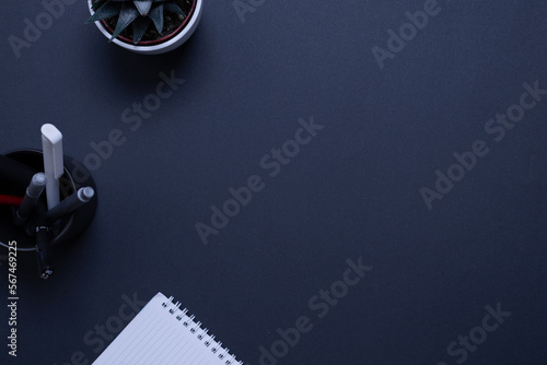 Minimalist and organized work desk featuring a plant, pens, and a notepad with copy space on desk surface photo