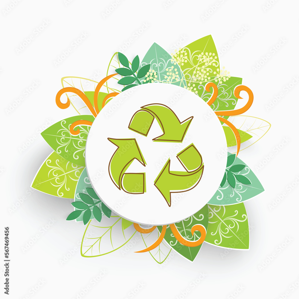Triangular recycling symbol and leaves on a white background. Triangular recycling symbol and leaves on a white background.