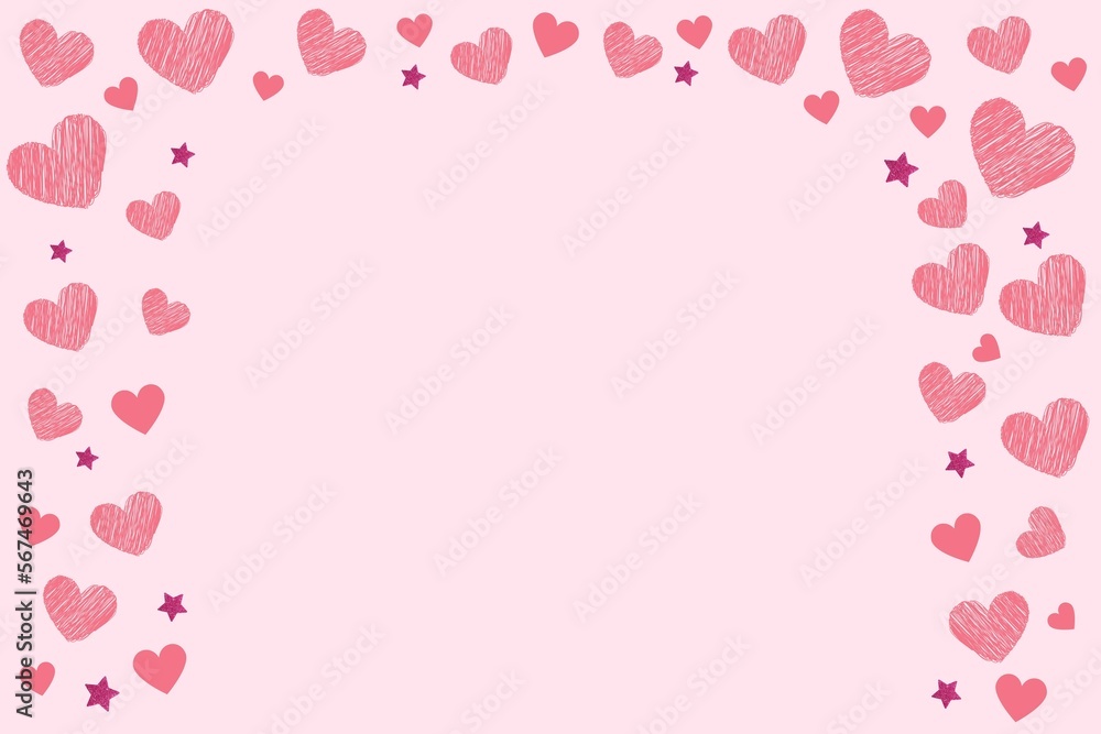 pink empty background decorated with heart doddles on the borders. pink decorated background or card