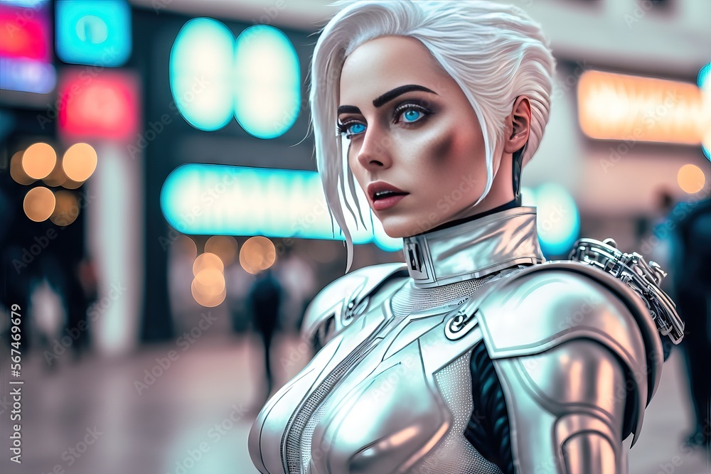 woman with white hair dressed in futuristic cyber fashion - ai-generated