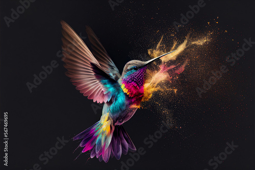 Abstract illustration of colibri bird in cosmic space. Glowing fantasy background. Holi powder © Magdalena
