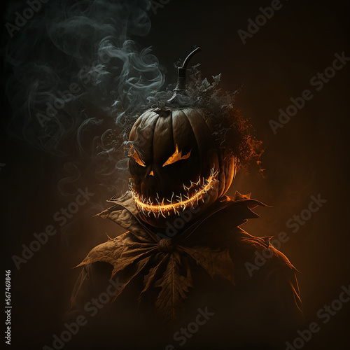 Creepy face Halloween surrounded by smoke, glowing with light in the dark. Created using ai generative.  photo