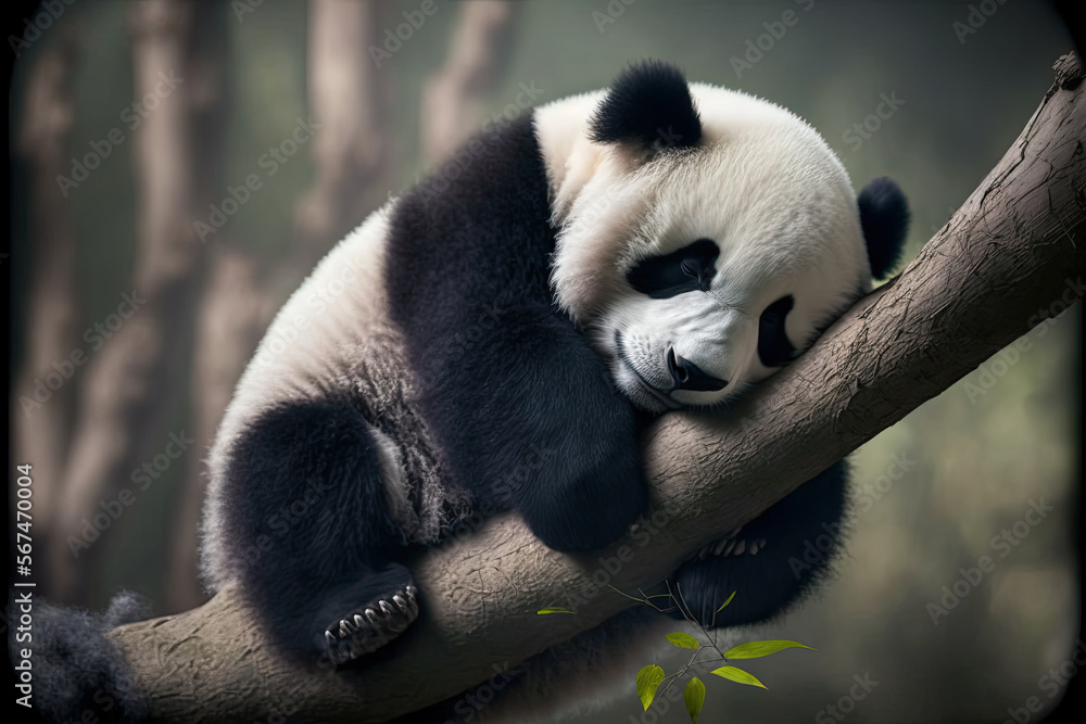 Obraz premium Lazy Panda Bear Sleeping on a Tree Branch
