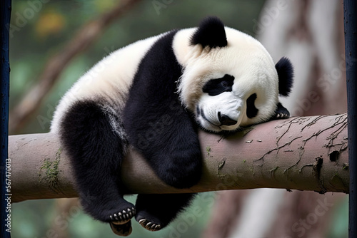 Fototapeta Naklejka Na Ścianę i Meble -  Lazy Panda Bear Sleeping on a Tree Branch