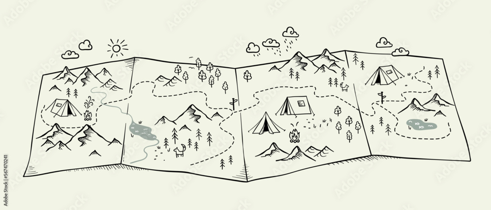 Obraz premium Cute hand drawn map with mountains, tents, trees, hills. 3d illustrated landscape, adventure - great for banners, wallpapers, cards.