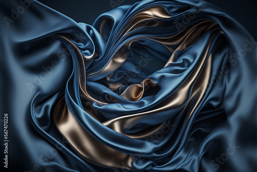 Abstract shiny silk of cloth, deep blue background. Generative AI