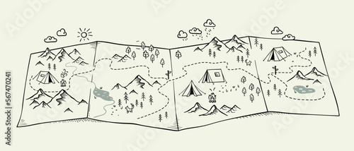 Cute hand drawn map with mountains, tents, trees, hills. 3d illustrated landscape, adventure - great for banners, wallpapers, cards.