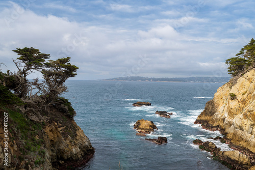 Ocean view at Point Lobos State Natural Reserve, Carmel, California, USA, featuring the old cypress grove and rocks against a partly cloudy sky and plenty of space for copy