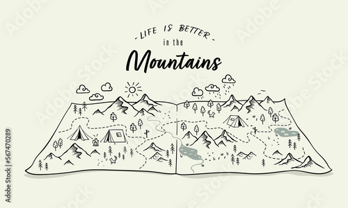 Cute hand drawn map with mountains, tents, trees, hills. 3d illustrated landscape, adventure - great for banners, wallpapers, cards.