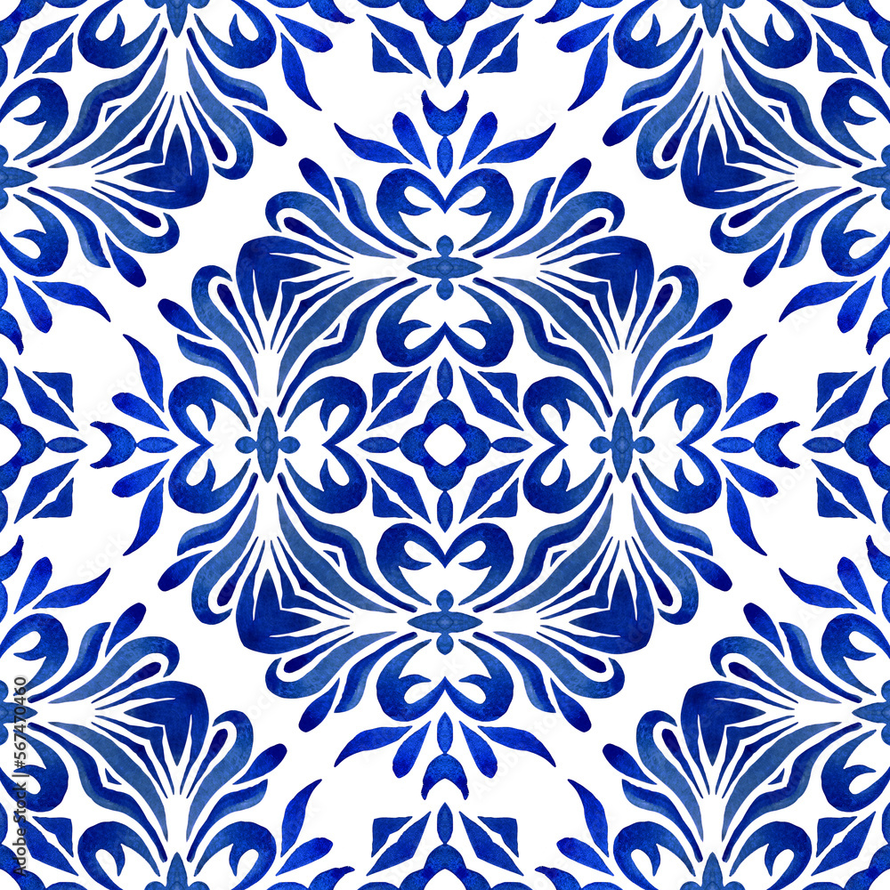 Floral blue and white hand drawn tile seamless ornamental Gorgeous damask background watercolor paint pattern. Floral blue and white hand drawn tile seamless ornamental Gorgeous damask background watercolor paint pattern.