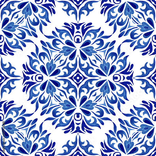 Florishes blue and white hand drawn tile seamless ornamental watercolor paint pattern. Gorgeous damask background. Poruuguese tiling mosaic.