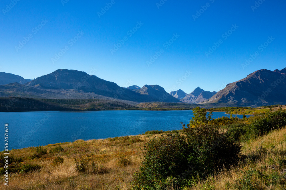 View of St Mary Lake in Glacier National Park from Two Dog Flats along Going to the Sun Road in Montana
