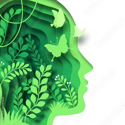 Green paper cut plant leaf growing inside human head. Modern 3d papercut illustration concept of man profile silhouette with nature environment and butterfly. Eco friendly solution, earth care design.