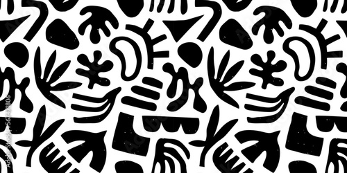 Abstract organic shape art seamless pattern with geometric doodles. Black and white cartoon background, simple random shapes texture print. Bright summer nature drawing wallpaper. 