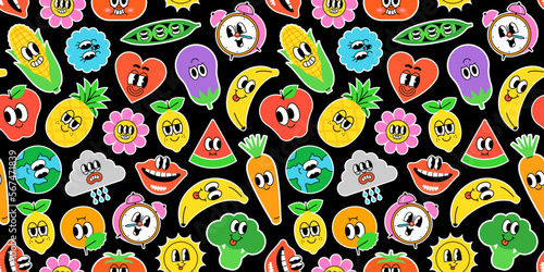 Trendy psychedelic sticker seamless pattern in vintage cartoon style. Retro 70s art character label background illustration. Funny colorful groovy print with earth planet, sun, flower.