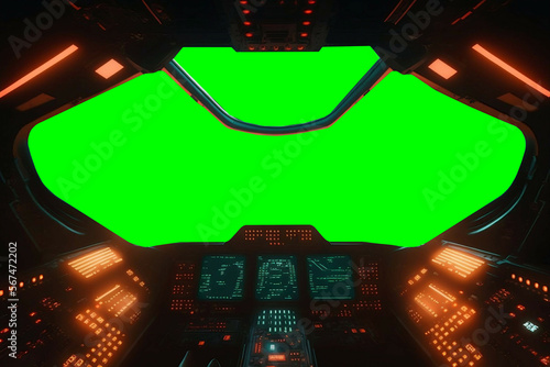 Fototapeta Naklejka Na Ścianę i Meble -  view from cockpit of spaceship,  pilot view from starship shuttle green screen new quality universal colorful joyfultechnology travel stock image illustration design, generative ai