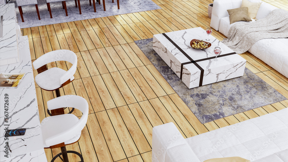 Luxurious interior design of white kitchen, dining table with floor and ...