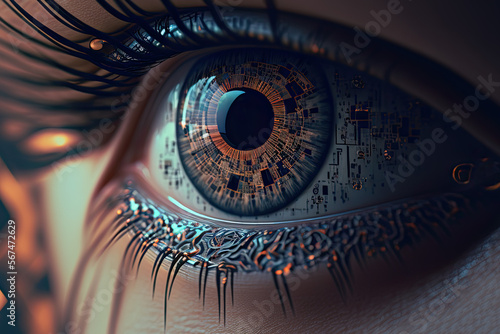 Female eye with cyberpunk implant of super vision. Close up eye with long eyelashes. Generative AI