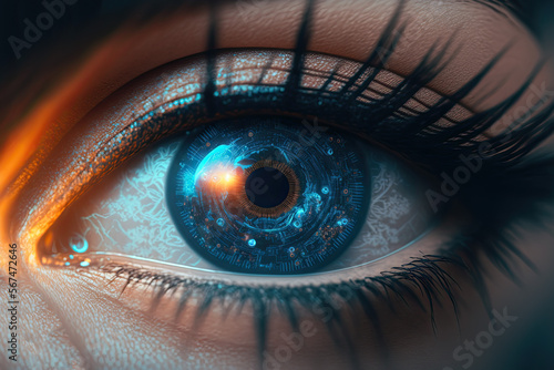Female eye with cyberpunk implant of super vision. Close up eye with long eyelashes. Generative AI