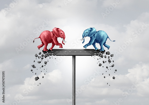 Mutual self Destruction or partnership trap and collective ruin or shared annihilation as two different elephants destroying the opportunity behind them