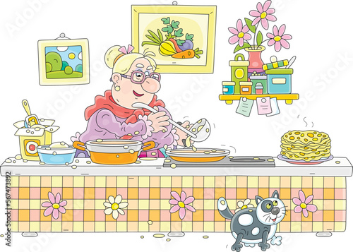 Funny granny frying tasty pancakes from sweet batter for a festive table in her pretty kitchen decorated with pictures and flowers in a vase on a shell with spices, vector cartoon illustration