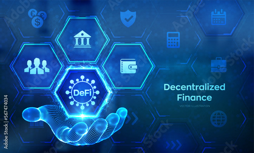 DeFi. Decentralized Finance. Blockchain, decentralized financial system. Business technology concept concept in wireframe hand. Vector illustration.