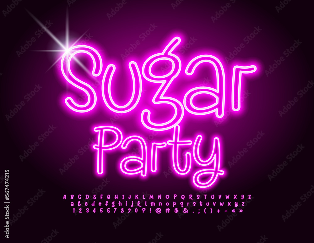 Vector electric banner Sugar Party with handwritten glowing Font. Pink Neon Alphabet Letters, Numbers and Symbols set Vector electric banner Sugar Party with handwritten glowing Font. Pink Neon Alphabet Letters, Numbers and Symbols set