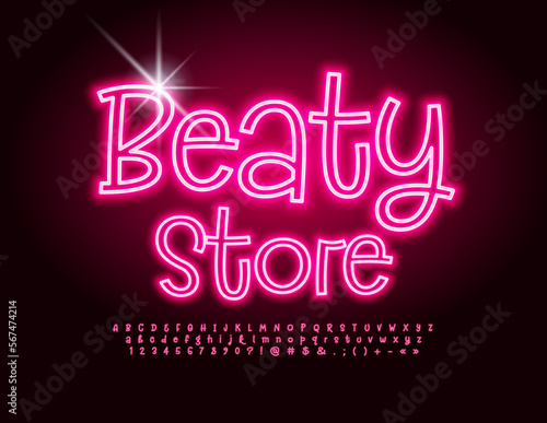 Vector glowing sign Beauty Store. Modern Neon Font. Funny Electric Alphabet Letters and Numbers set