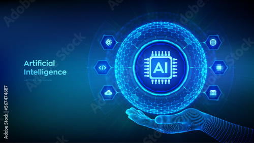 AI. Artificial Intelligence in the shape of sphere with hexagon grid pattern in wireframe hand. Machine Learning Concept. Big data. Neural networks. AI and virtual technology. Vector illustration.