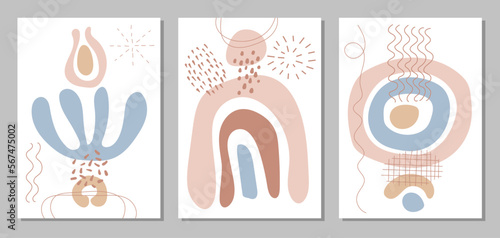 Set of templates in an abstract style on a white background. Modern and stylish poster templates with organic abstract shapes in pastel colors. Covers include spots, lines, groups of dots. Vector.