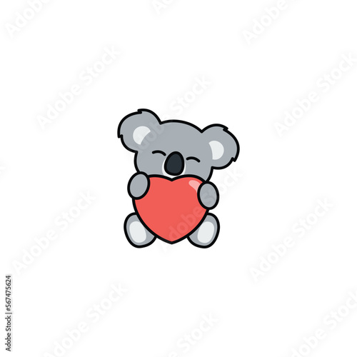 Cute koala with red heart cartoon, vector illustration