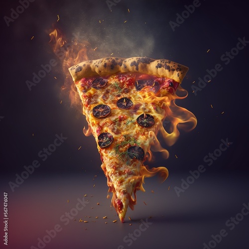 Hot Pizza Slice on a dark background fire with smoke effect  photo