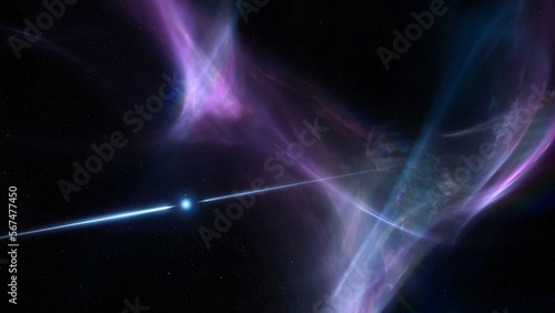 Rotating pulsar wrapped in nebula emitting high energy bursts. Outer space astronomy concept 3D illustration depicting blinking radiation flares of a magnetar or neutron star core in interstellar gas. photo
