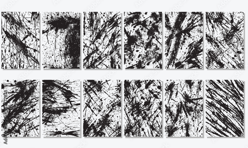 Set of 12 Grunge splatter cover, splash and strokes effects, intricate black ink, vector illustration