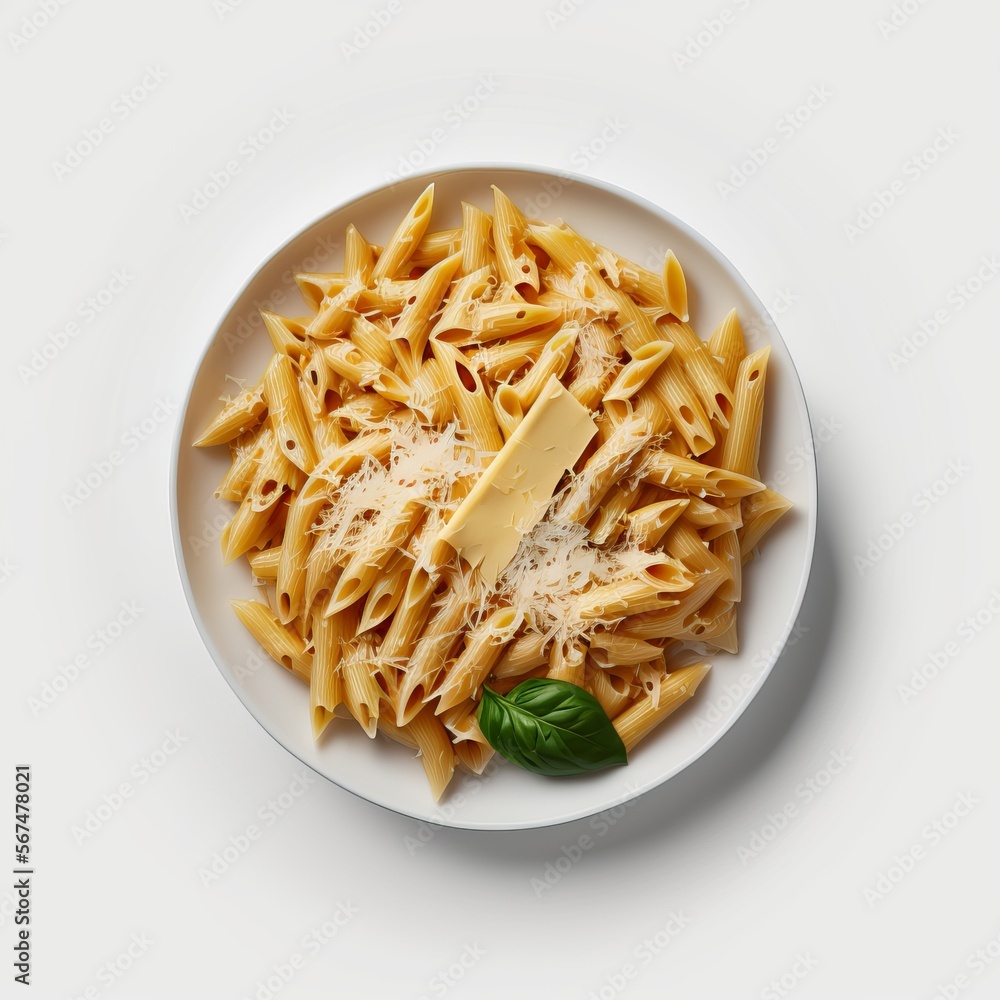 Top view penne pasta with parmesan on white plate Top view penne pasta with parmesan on white plate
