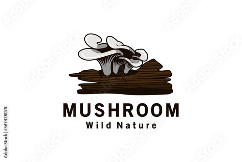 Oyster mushroom logo design, vector illustration of mushrooms on a tree trunk