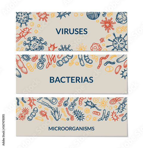 Set of microbiology banners. Collection of different types of microorganisms. Scientific vector illustration in sketch style