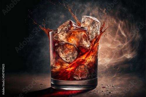  a glass filled with ice and water on top of a table with a black background and a red liquid pouring out of the top of the glass. generative ai