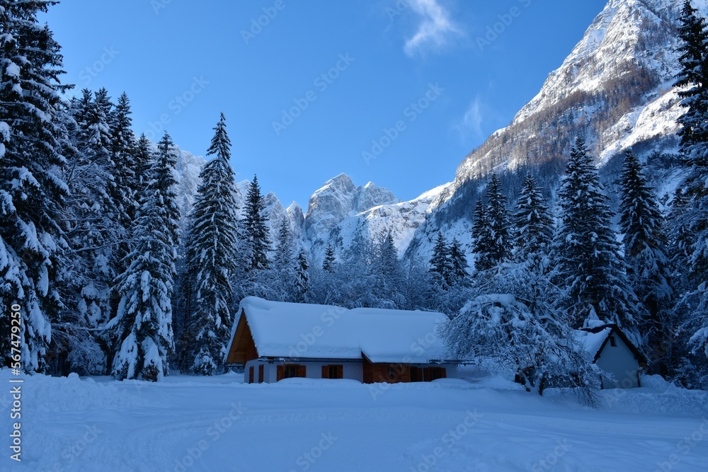 View of Jalovec mountain from Tamar valley in Gorenjska, Sloveni in winter and a small house in front
